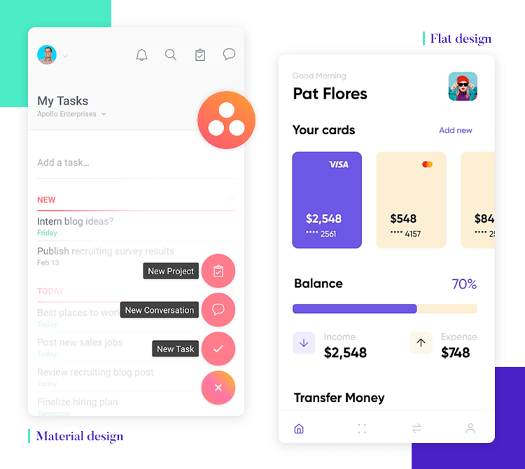 Flat design vs. Material Design - both minimalist UIs