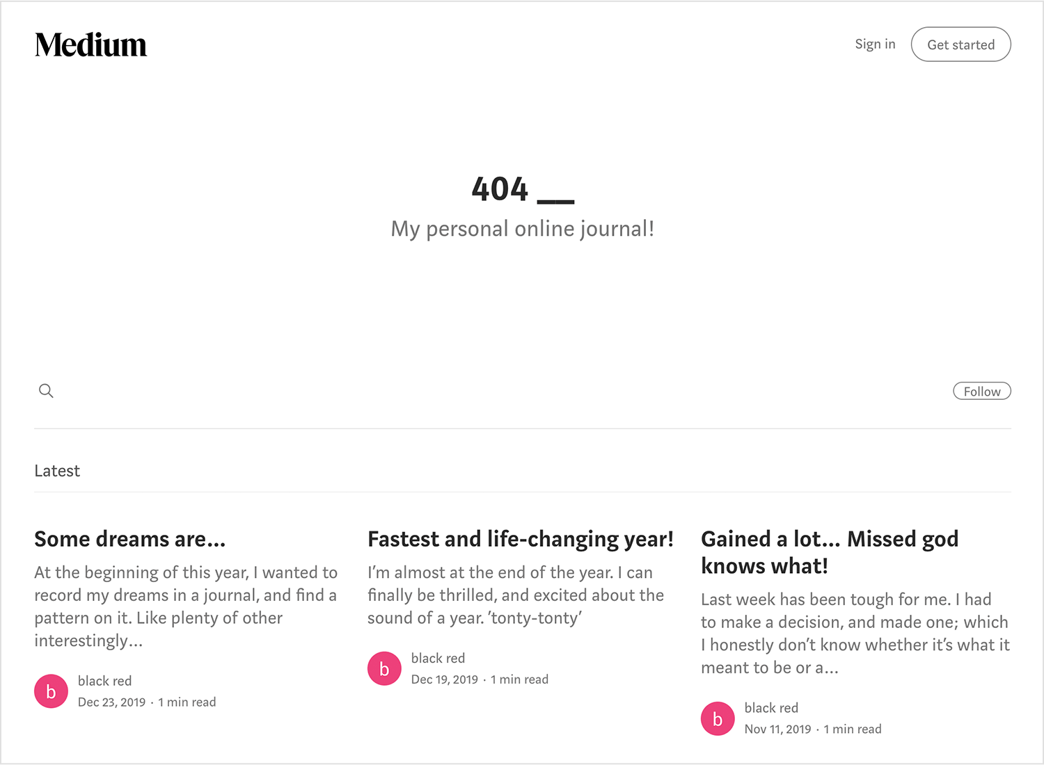 Medium 404 error page with personal online journal message and latest posts