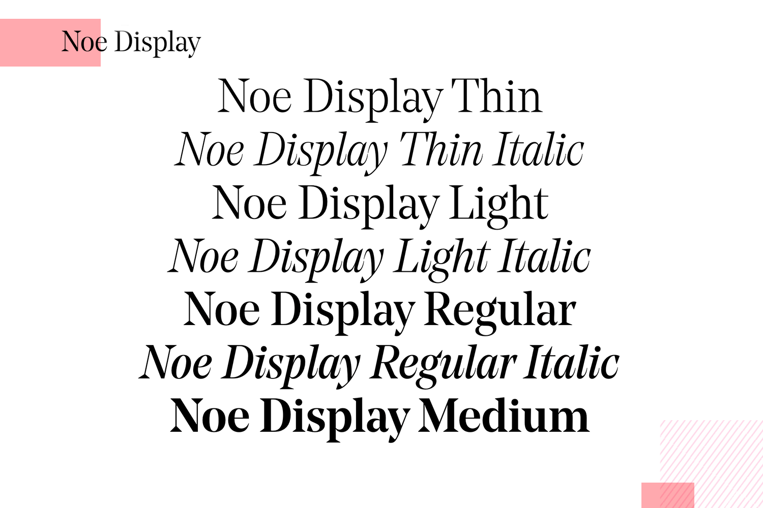 Noe Display font variations in bold, italic, regular, and book styles