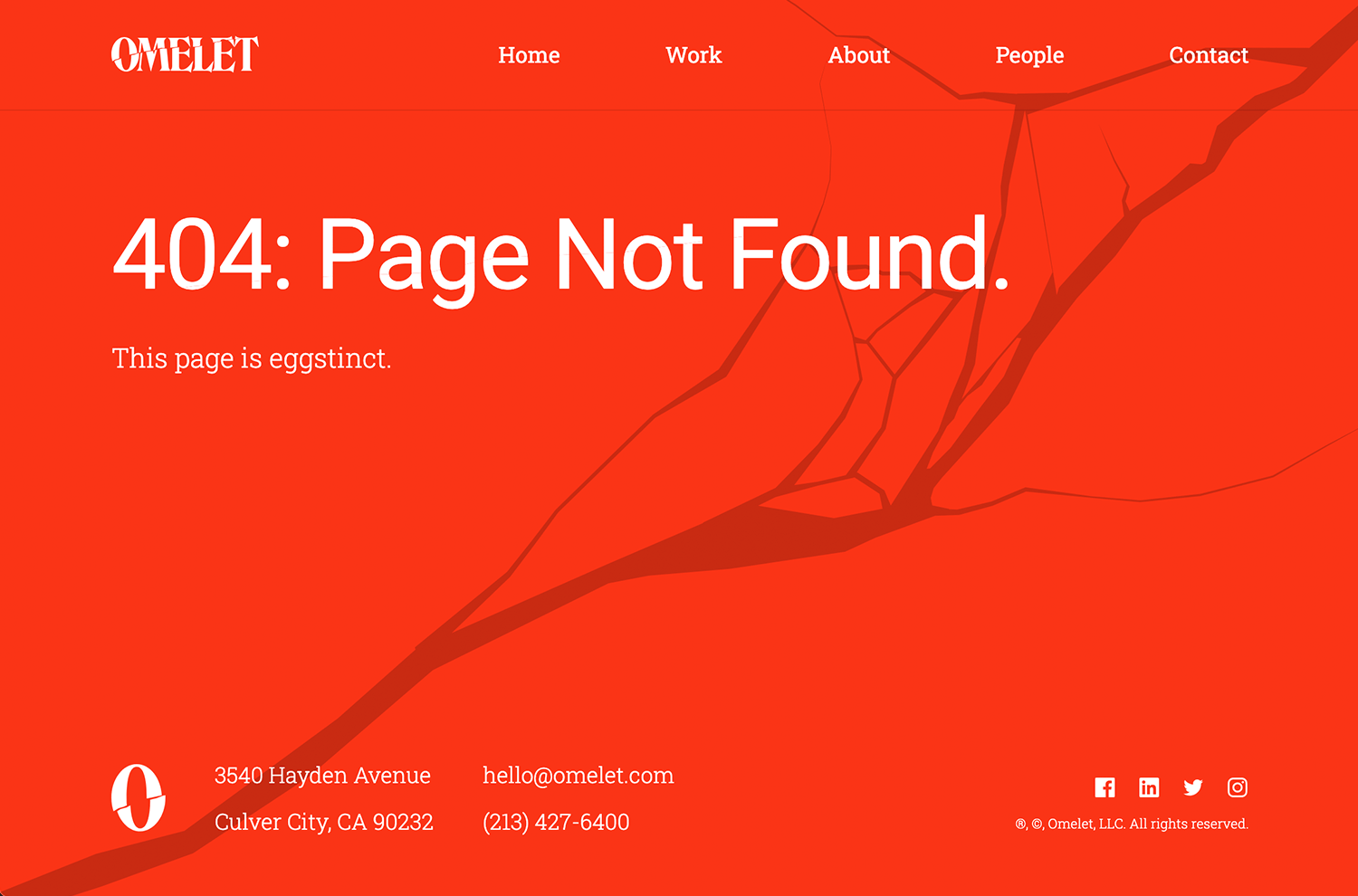 Omelet 404 page with eggstinct joke and cracked background