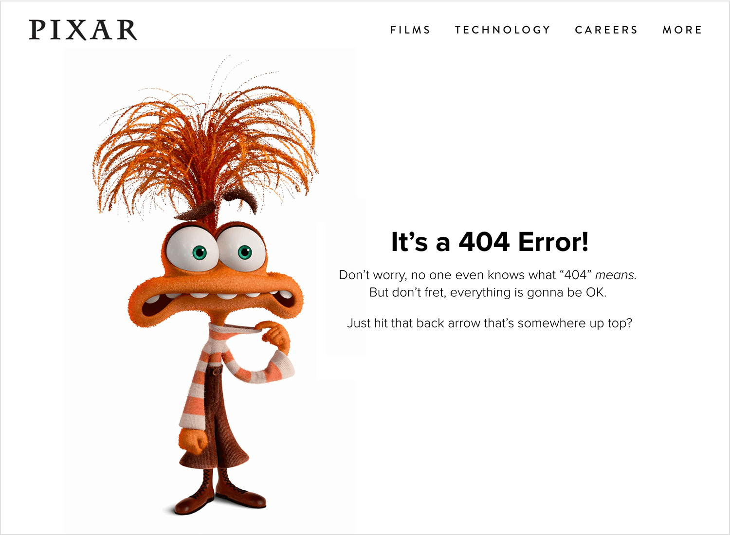 Pixar 404 error page with funny character and message