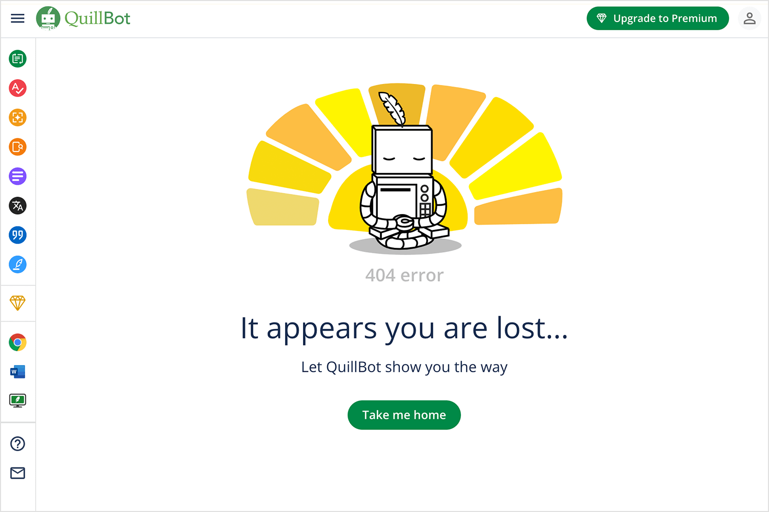 QuillBot 404 error page with a robot meditating and a message