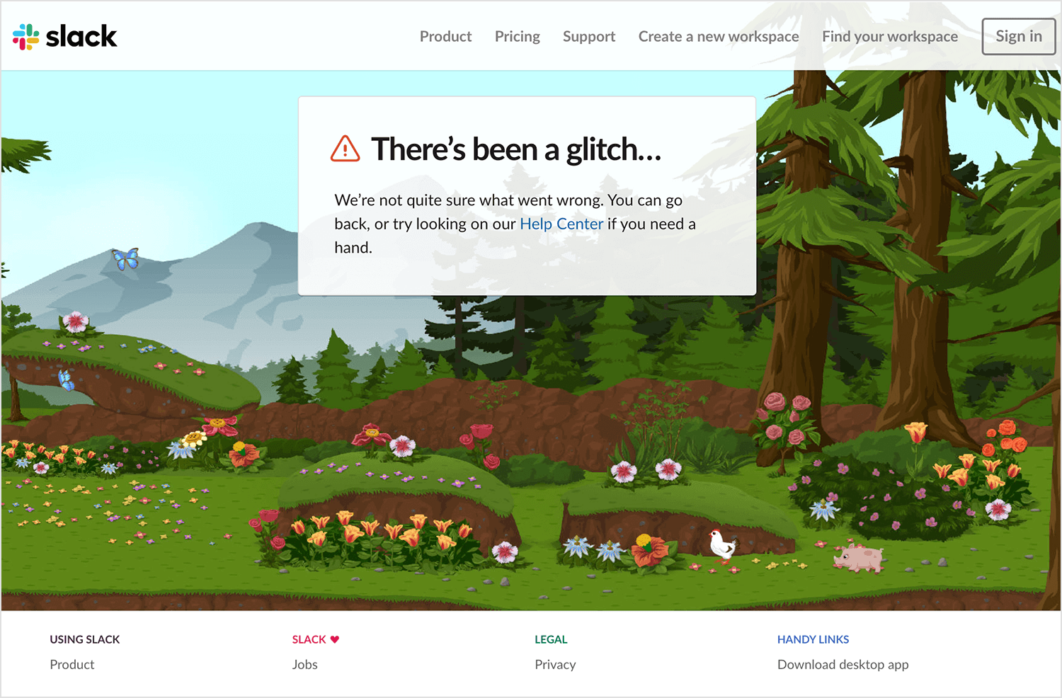 Slack 404 error page with a nature background and a glitch message