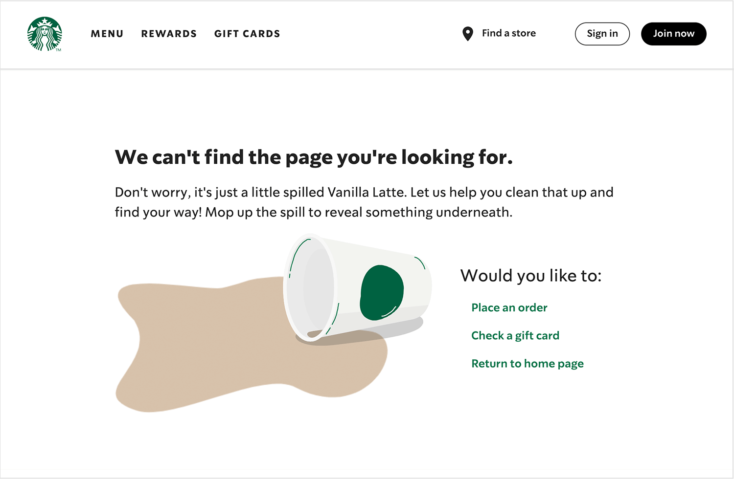 Starbucks 404 page with spilled coffee cup and helpful links