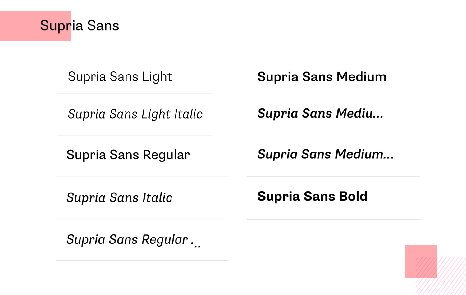 Supria Sans font variations in regular and bold styles