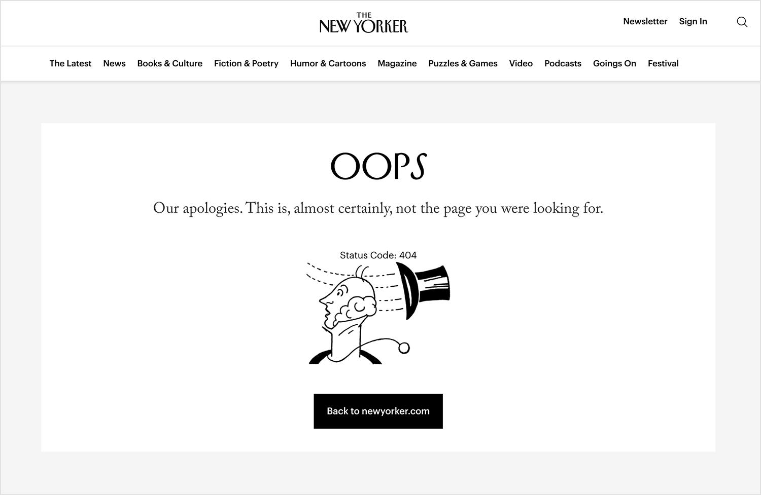 The New Yorker 404 error page with cartoon and apology message