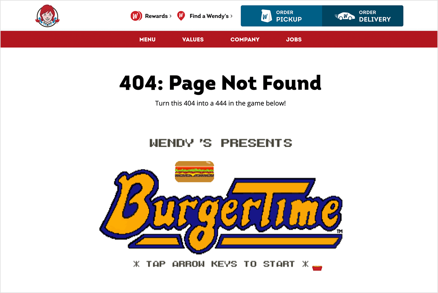 Wendy's 404 error page featuring a retro game called BurgerTime