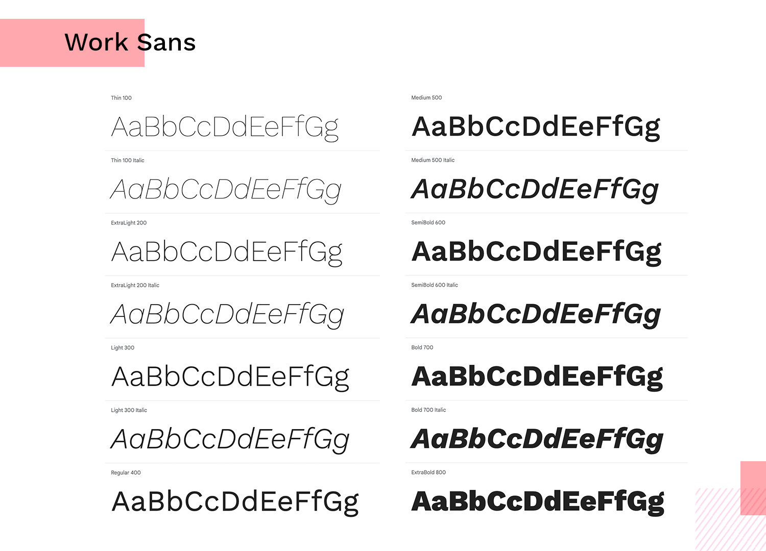 Work Sans font variations in bold, italic, regular, and book styles