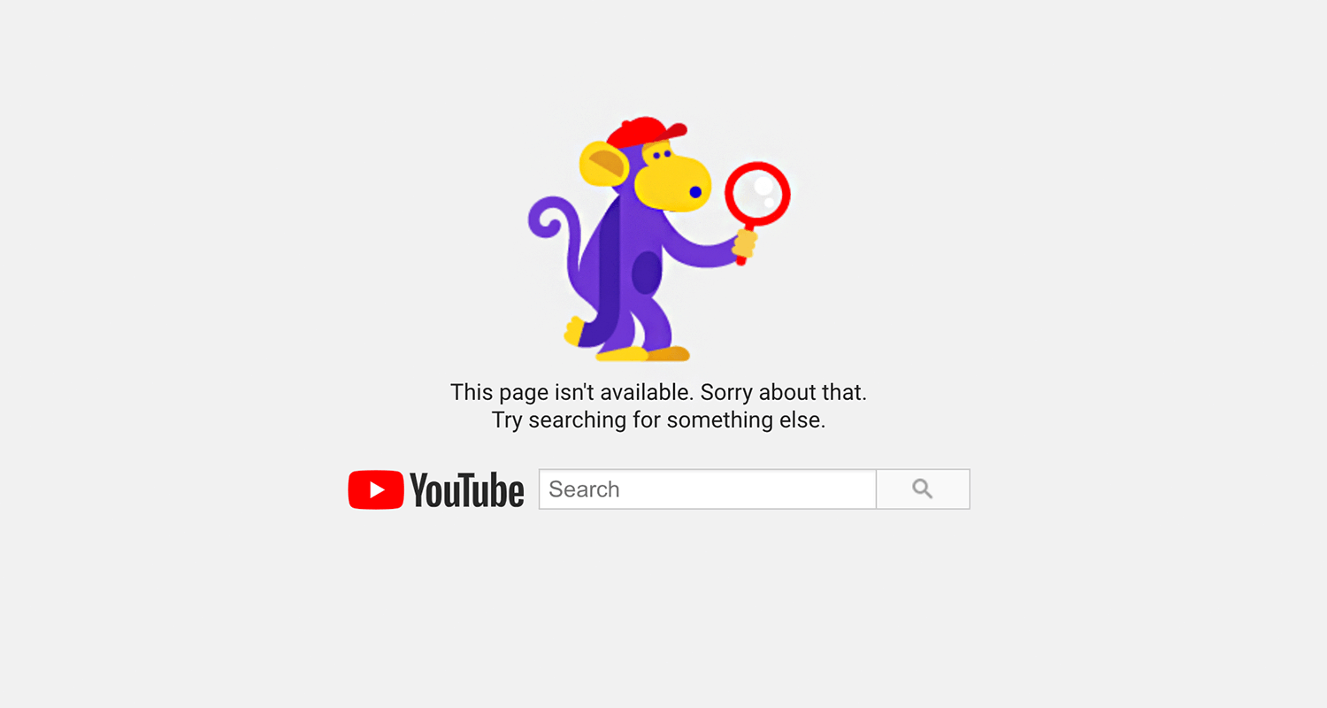 YouTube 404 error page with a purple monkey and search bar.