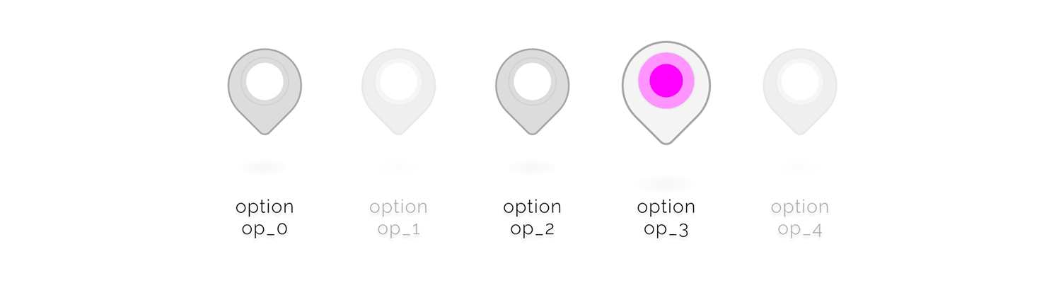 Map pin-shaped radio buttons, with one option selected and highlighted in pink