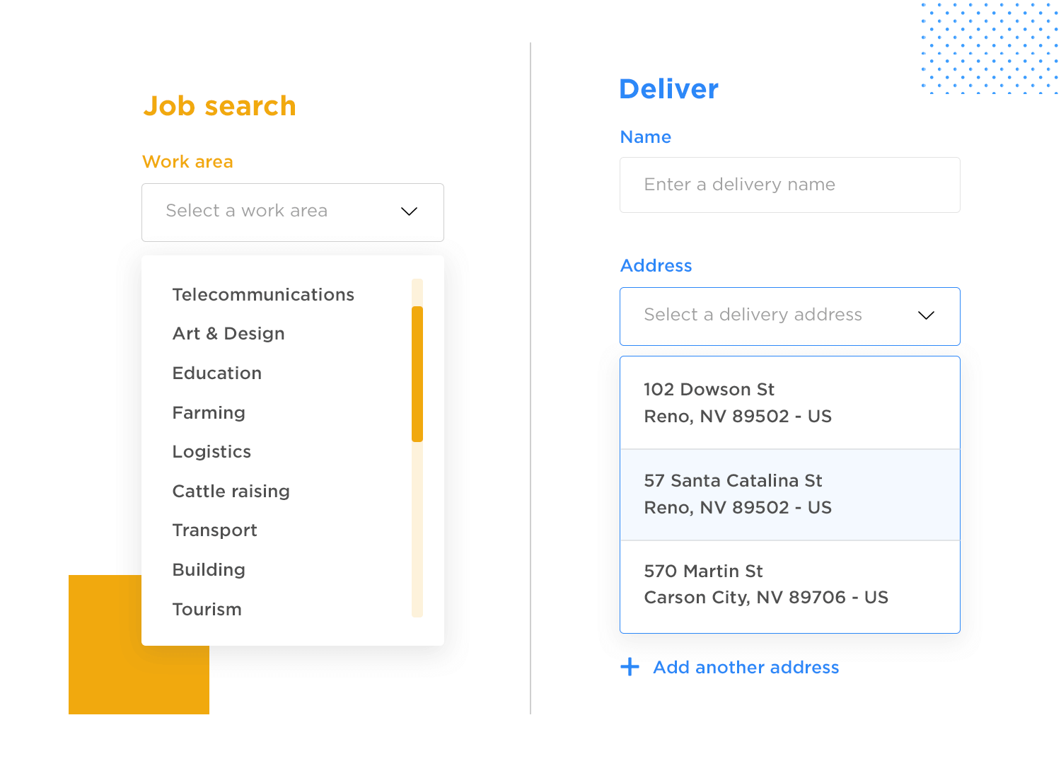 Drop down list design - job categories and delivery addresses