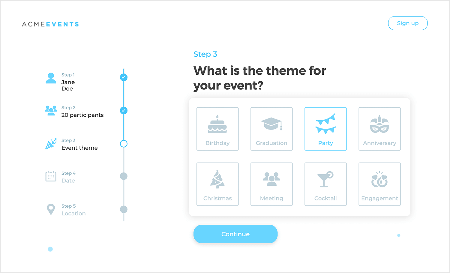 Event theme selection with radio buttons for different event types