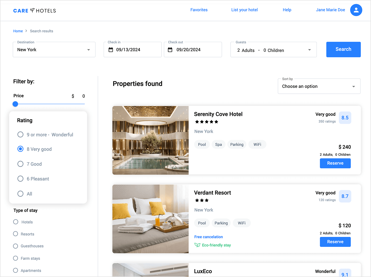 Rating filter options with radio buttons for hotel search results