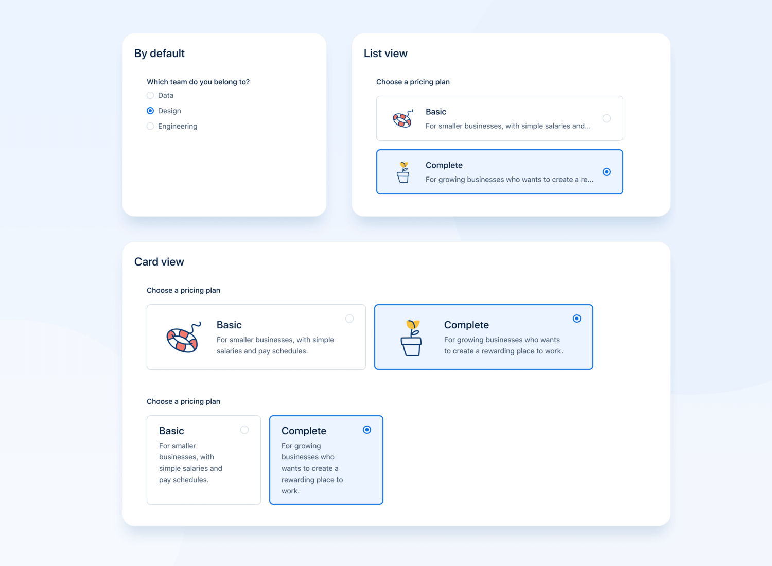 Pricing plan selection screen with radio buttons for different options