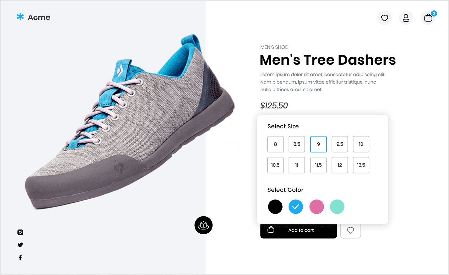 Product page showing shoe size and color selection using radio buttons