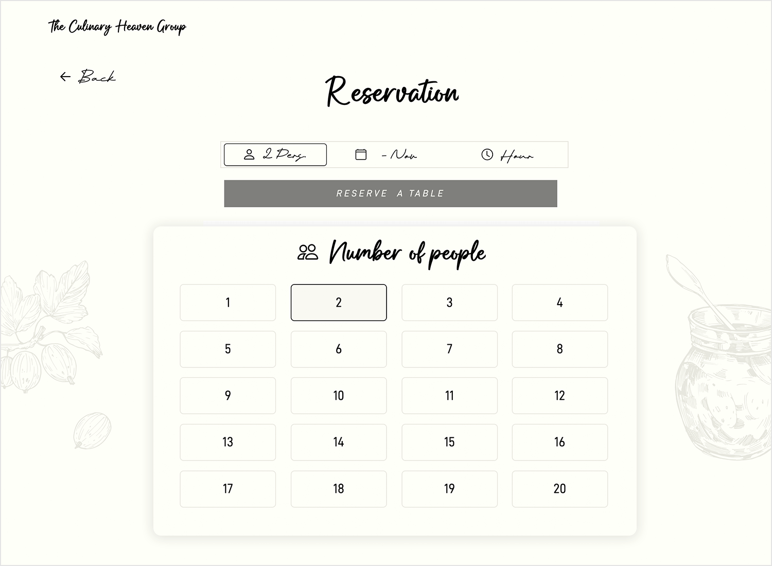 Table reservation system with radio buttons for selecting the number of people