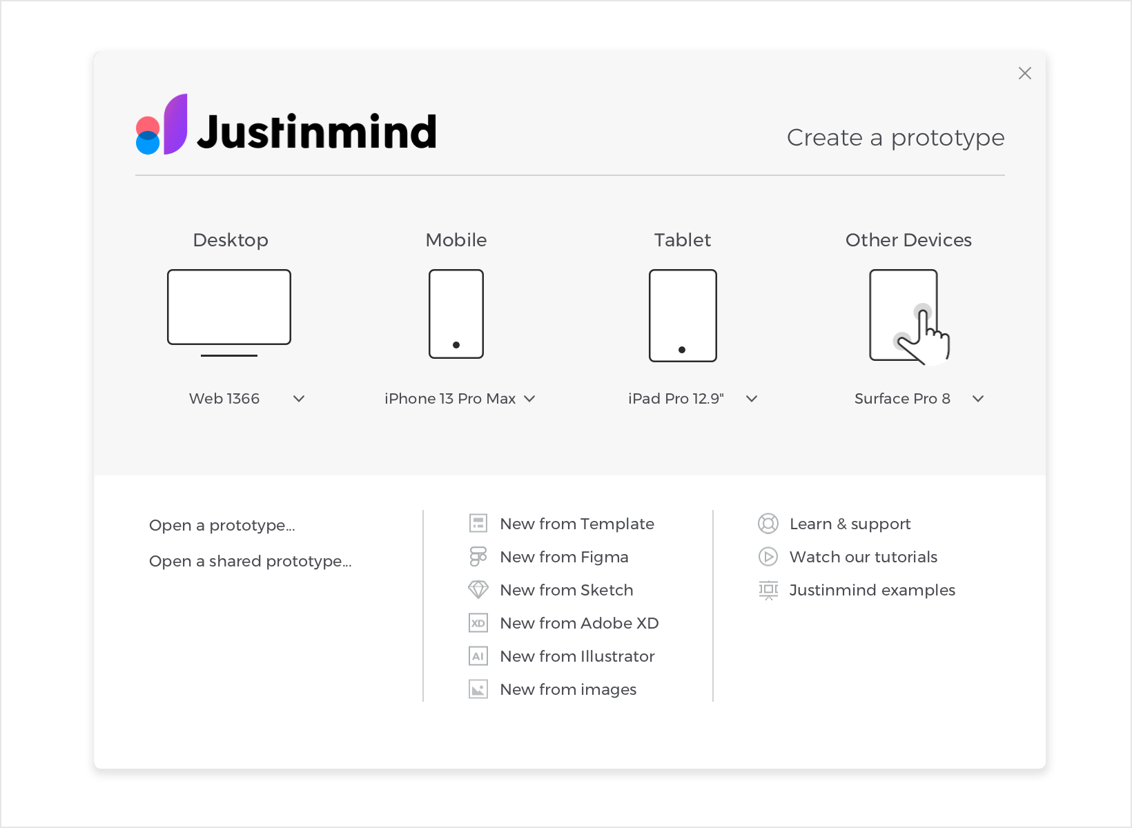 Justinmind welcome window. Choose from several devices to start prototyping