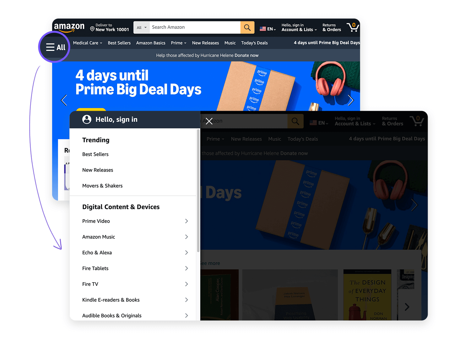 Amazon website with an expanded hamburger menu showing various categories.