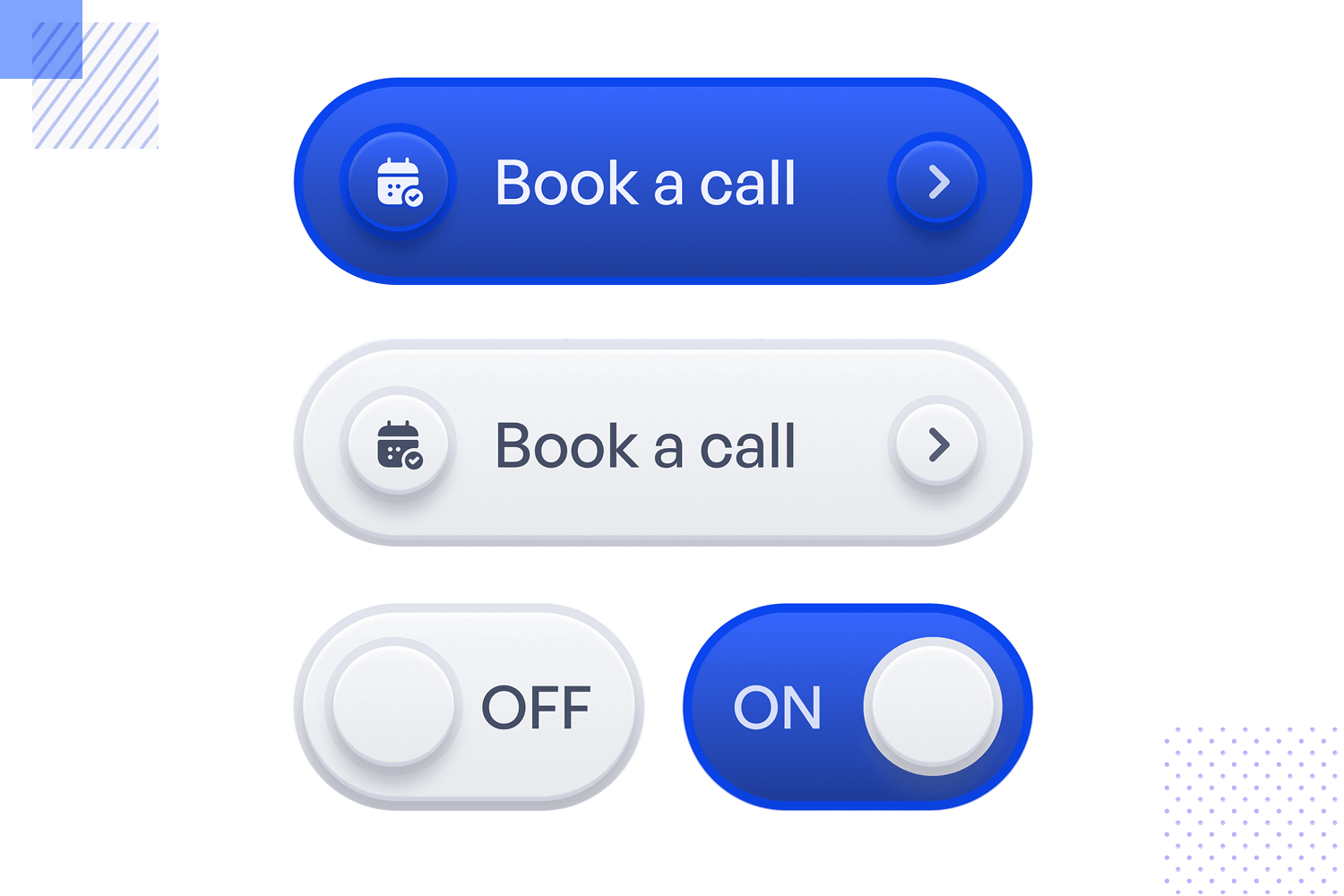 Blue and white 'Book a call' buttons with an ON/OFF toggle
