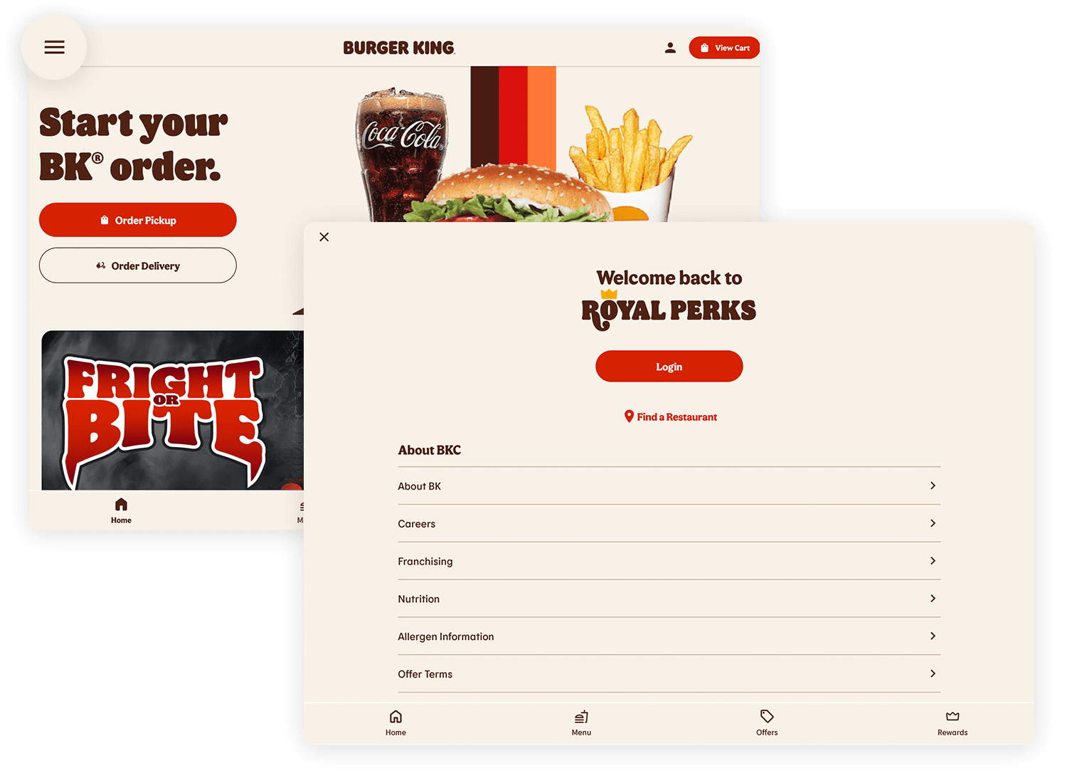 Burger King website with expanded hamburger menu for account login and navigation