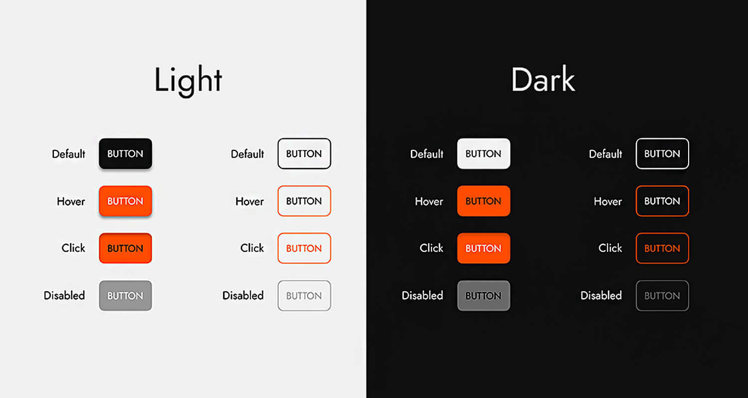 Button design examples in light and dark modes