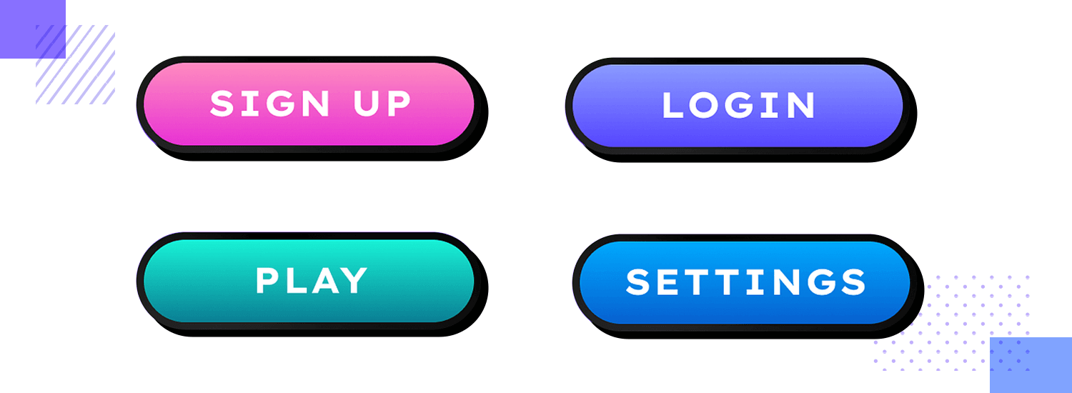 Vibrant, rounded buttons for sign-up, login, play, and settings