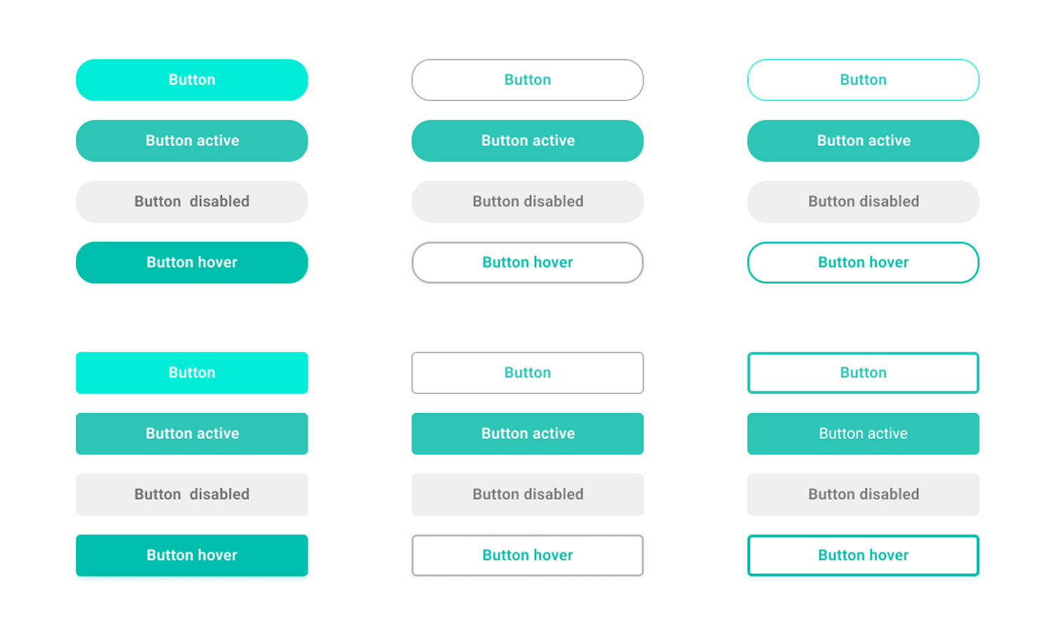 Button states with teal color scheme including default, active, disabled, and hover states.