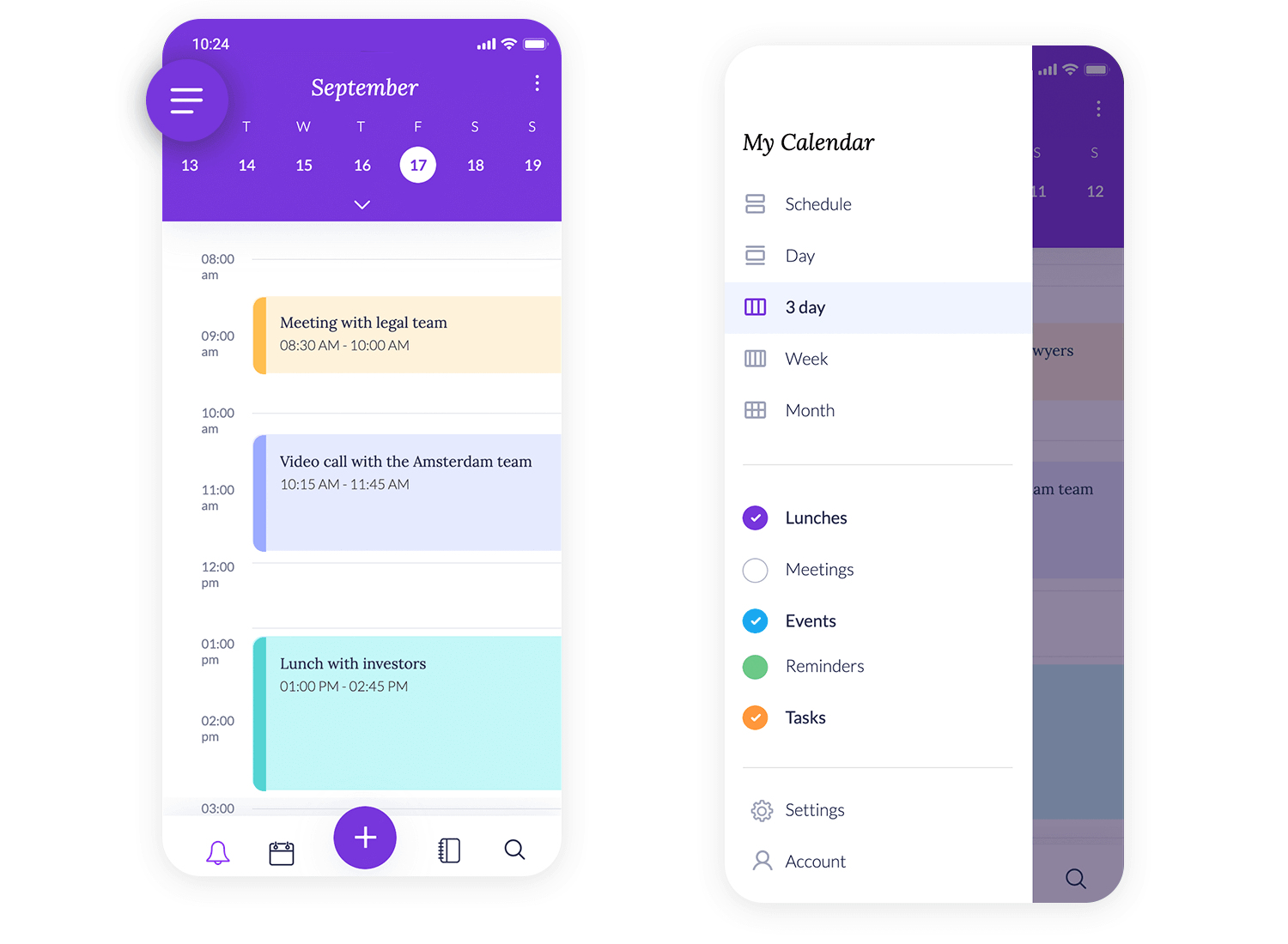 Calendar app with a mobile hamburger menu for viewing and organizing schedules