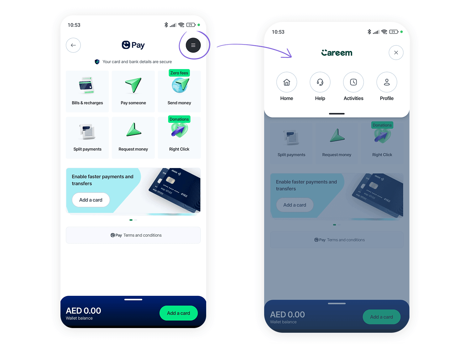 Careem Pay app interface with expanded hamburger menu showing navigation options.