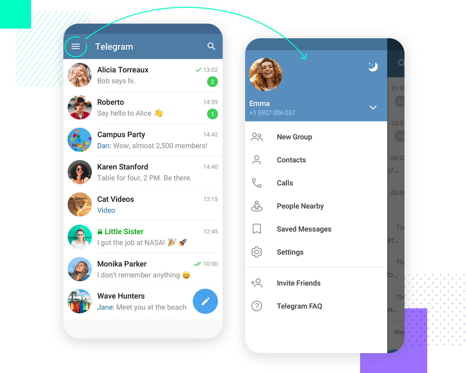 Hamburger menu design on mobile apps - Telegram
