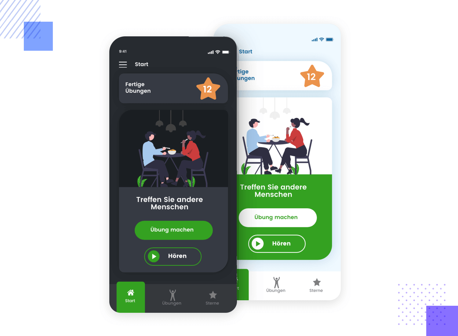 UI design showcasing interactive exercise app buttons for easy navigation