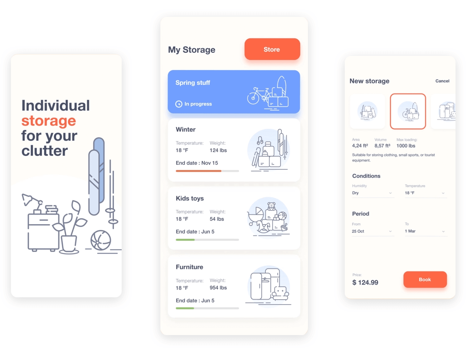 Mobile app UI design showcasing a storage management interface with organized sections for various items and a clear 'Book' button