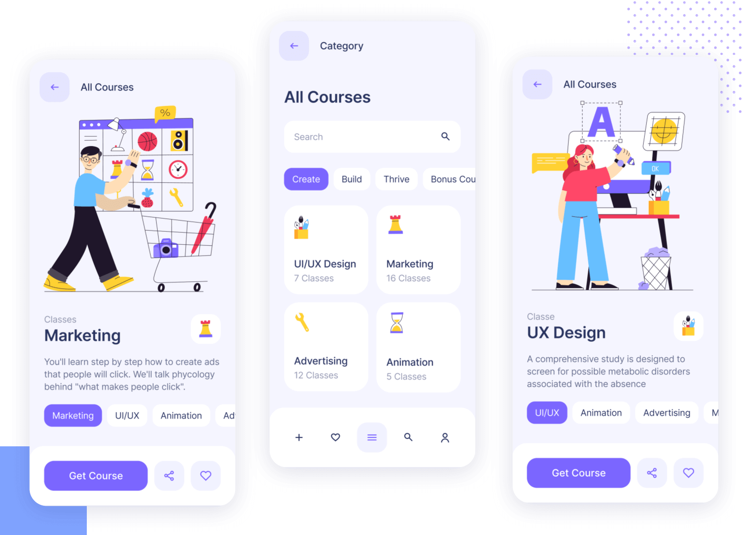 Mobile app UI showcasing course categories with vibrant buttons for Marketing, UX Design, and more
