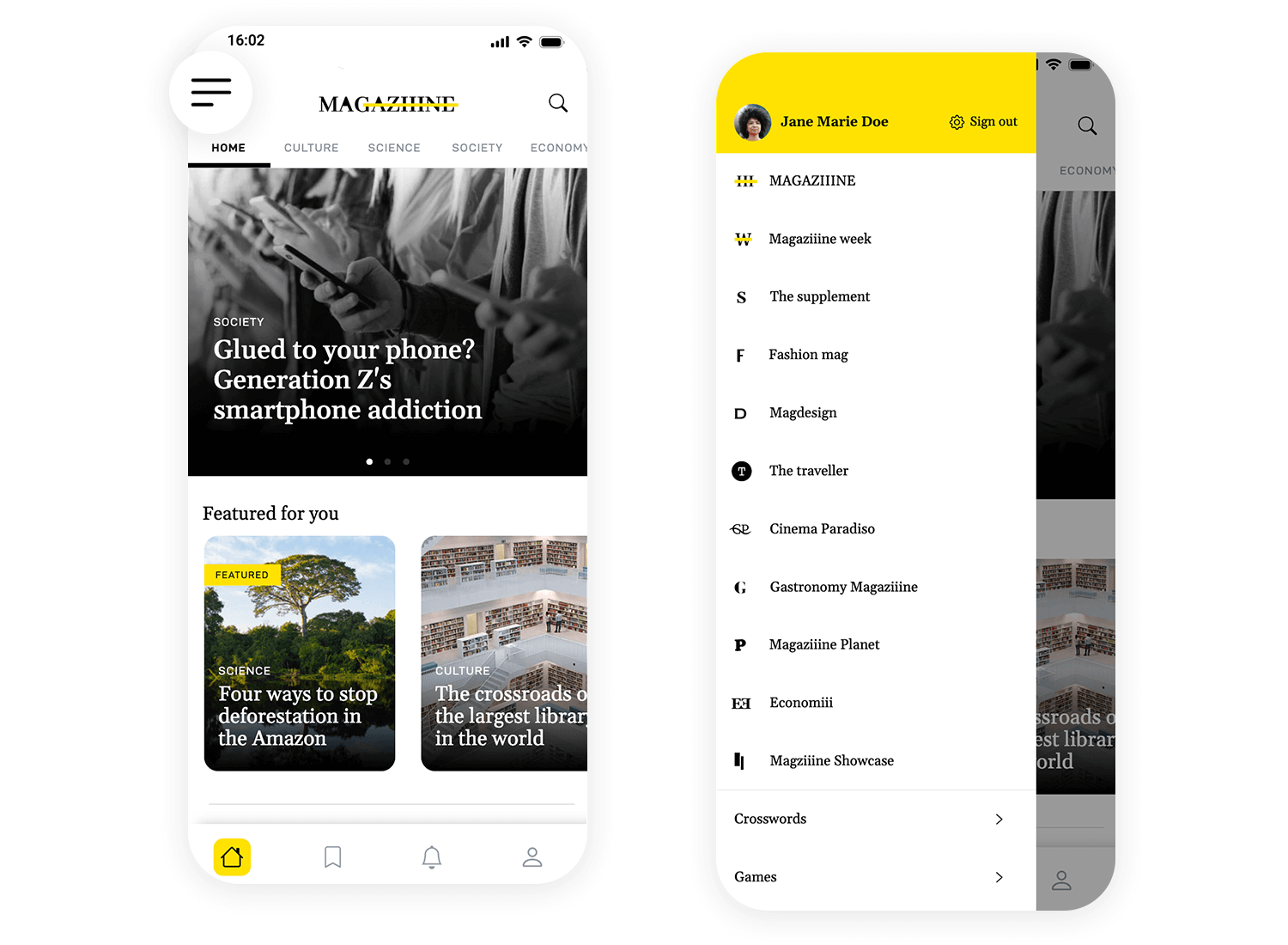 Magazine app with a mobile hamburger menu for navigation options and user profile