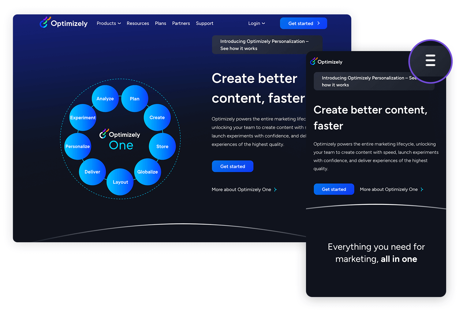 Optimizely homepage with hamburger menu expanded showing content creation and marketing solutions