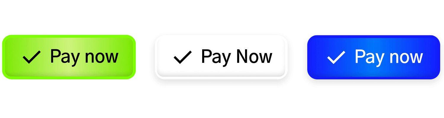 Three 'Pay now' buttons in green, white, and blue with checkmark icons
