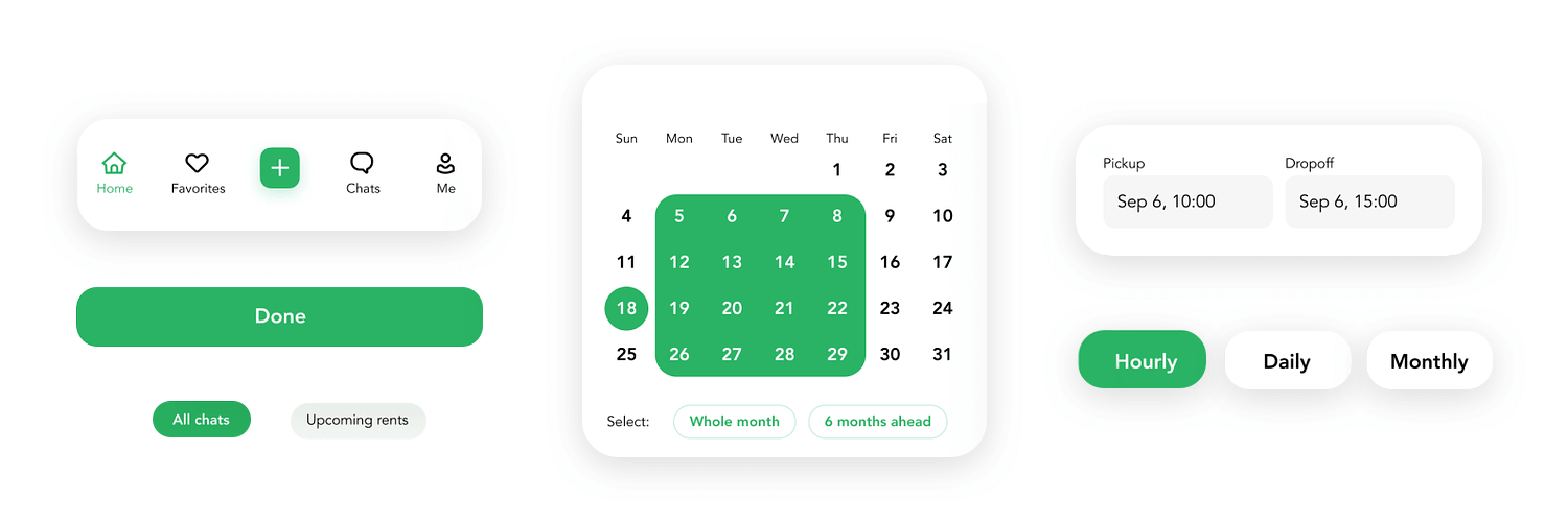 Navigation and calendar buttons for a rental app, featuring a green color scheme