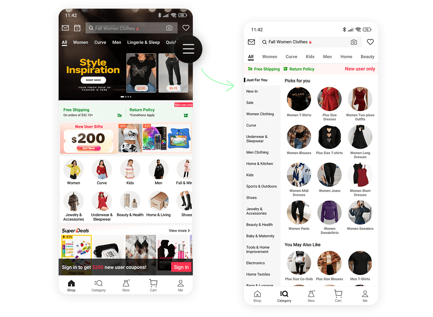 Shein app homepage showing shopping categories and expanded hamburger menu with personalized picks and navigation options