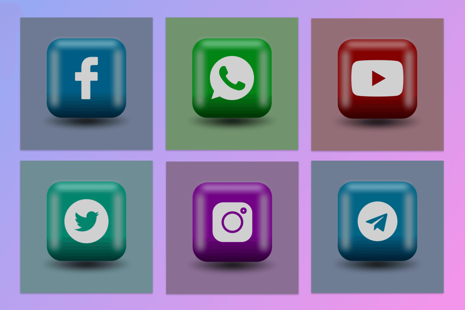 Social media button designs in colorful 3D styles