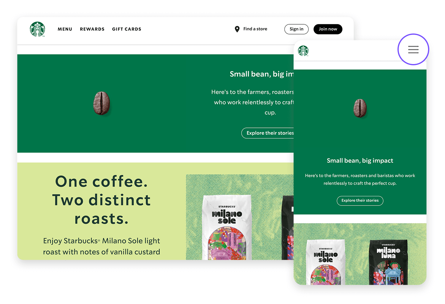 Starbucks website with expanded hamburger menu for navigation options.