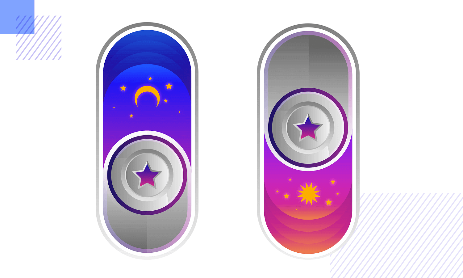 Stellar-themed toggle buttons with night and day designs