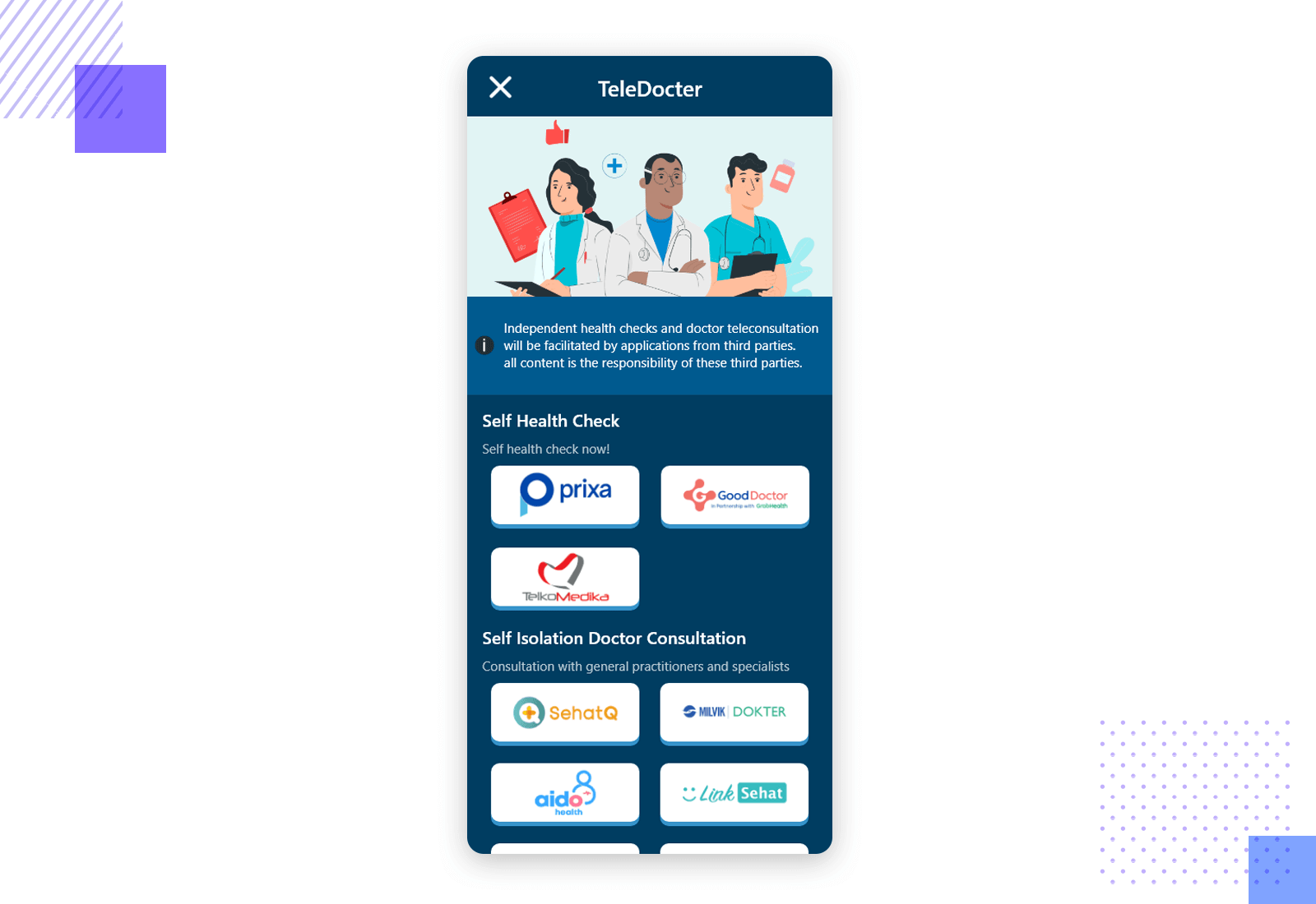 Telehealth UI design showing self-health check and isolation consultation options with a blue theme