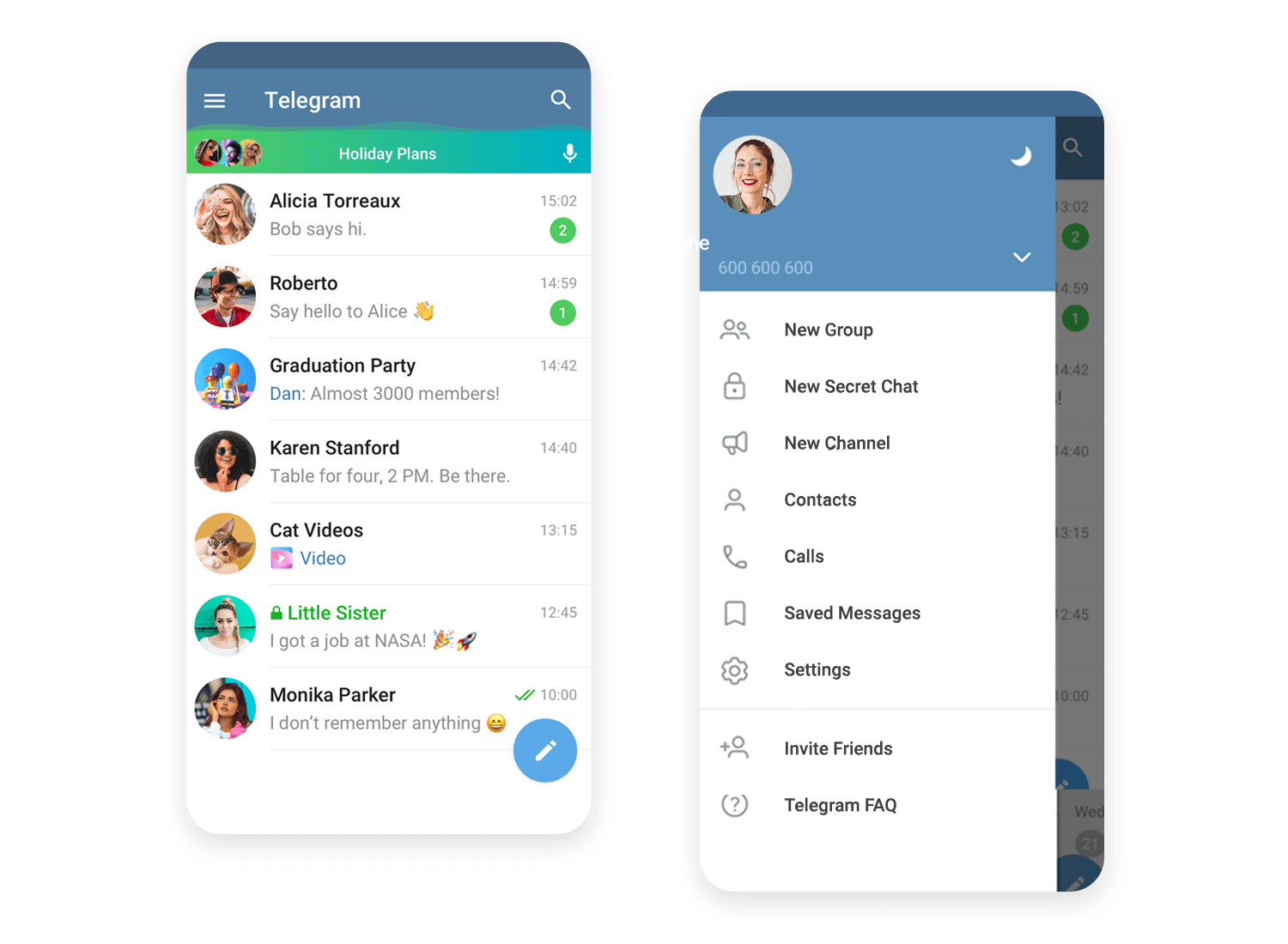 Telegram app interface with an expanded hamburger menu showing various options