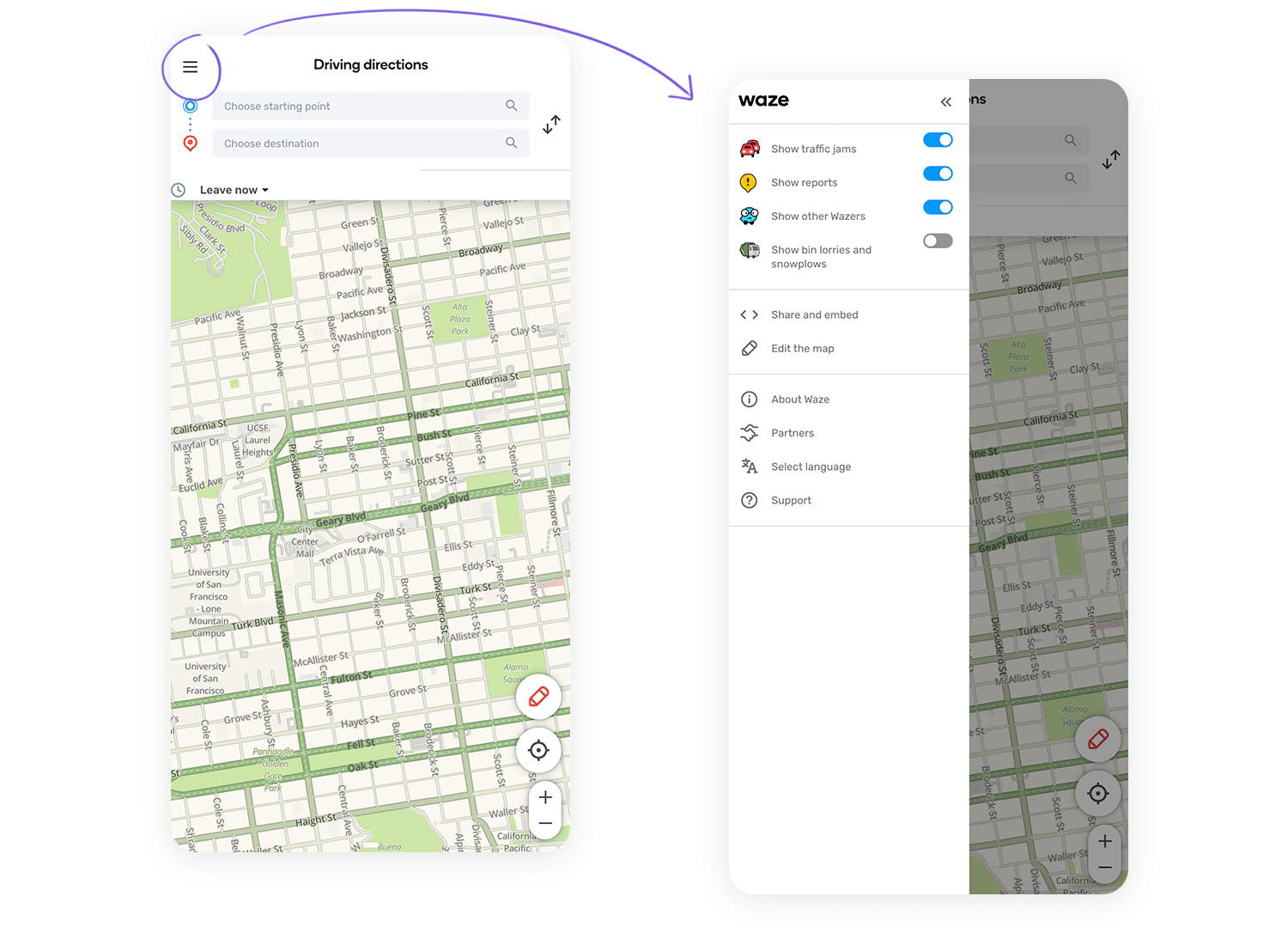 Waze app with driving directions interface and expanded hamburger menu showing navigation options and traffic settings