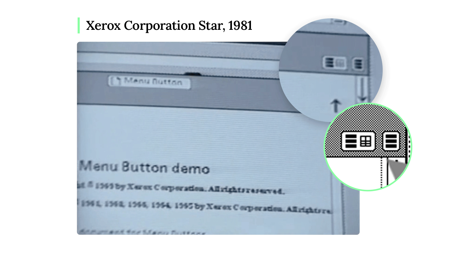 Xerox Corporation Star 1981 demo showcasing an early hamburger menu icon.