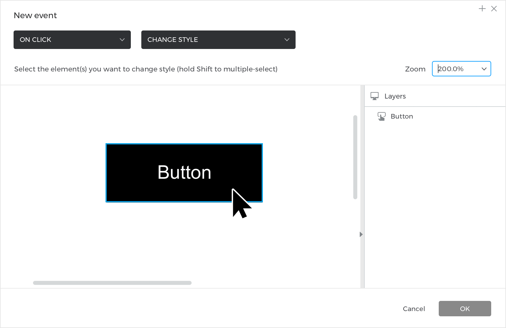 Choose the target of the action in the canvas preview
