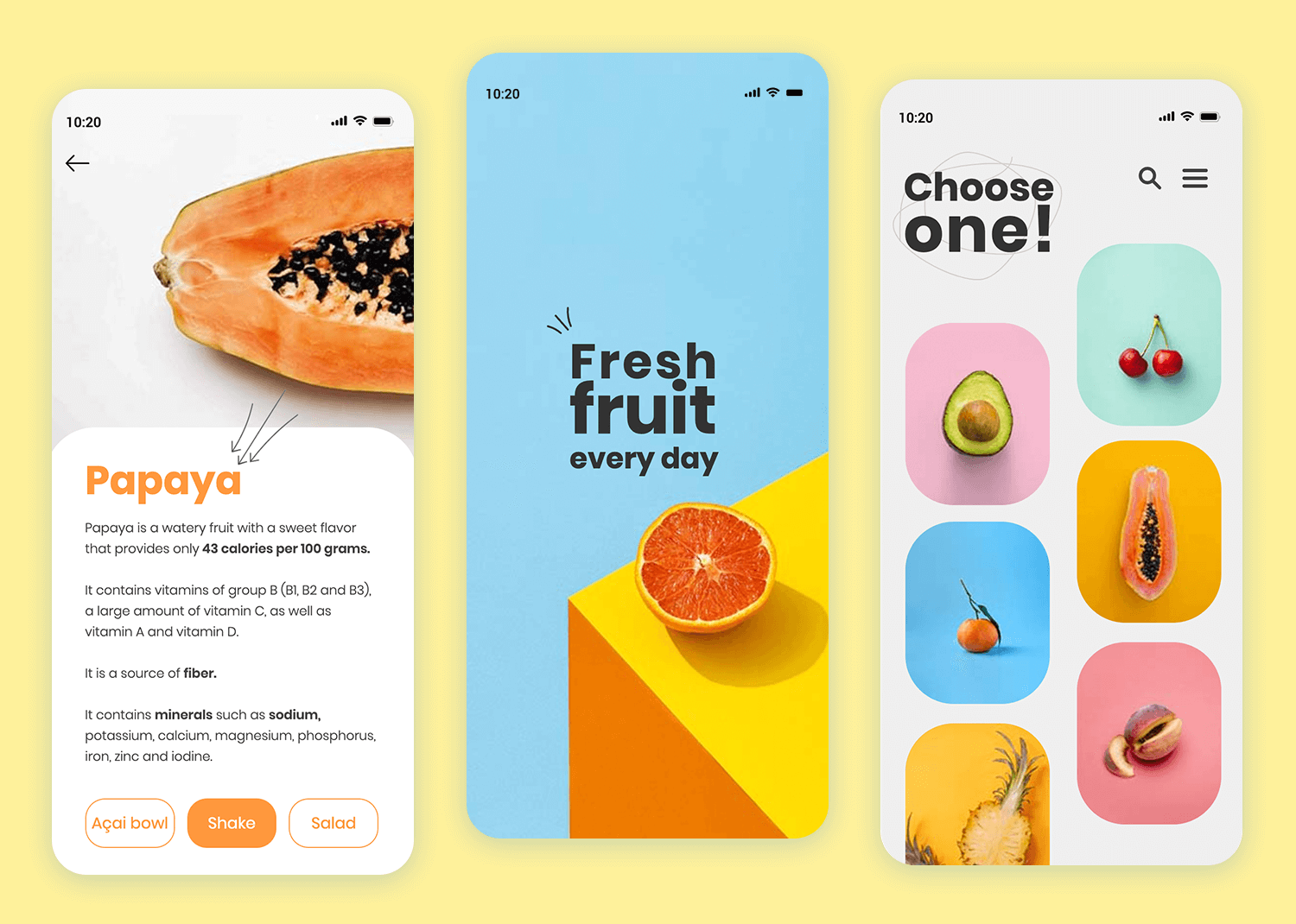 Mockup of a fruit recipe app with colorful visuals, fruit details, and recipe options.