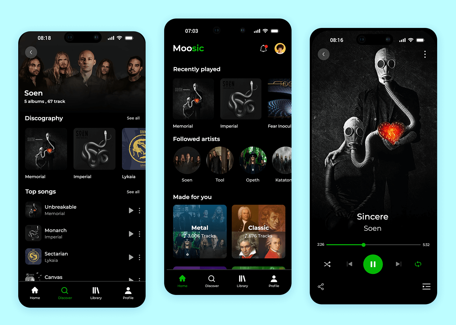 Music player mobile app mockup with dark theme, showcasing 'Recently Played,' 'Followed Artists,' and 'Made for You' sections for personalized music experience.