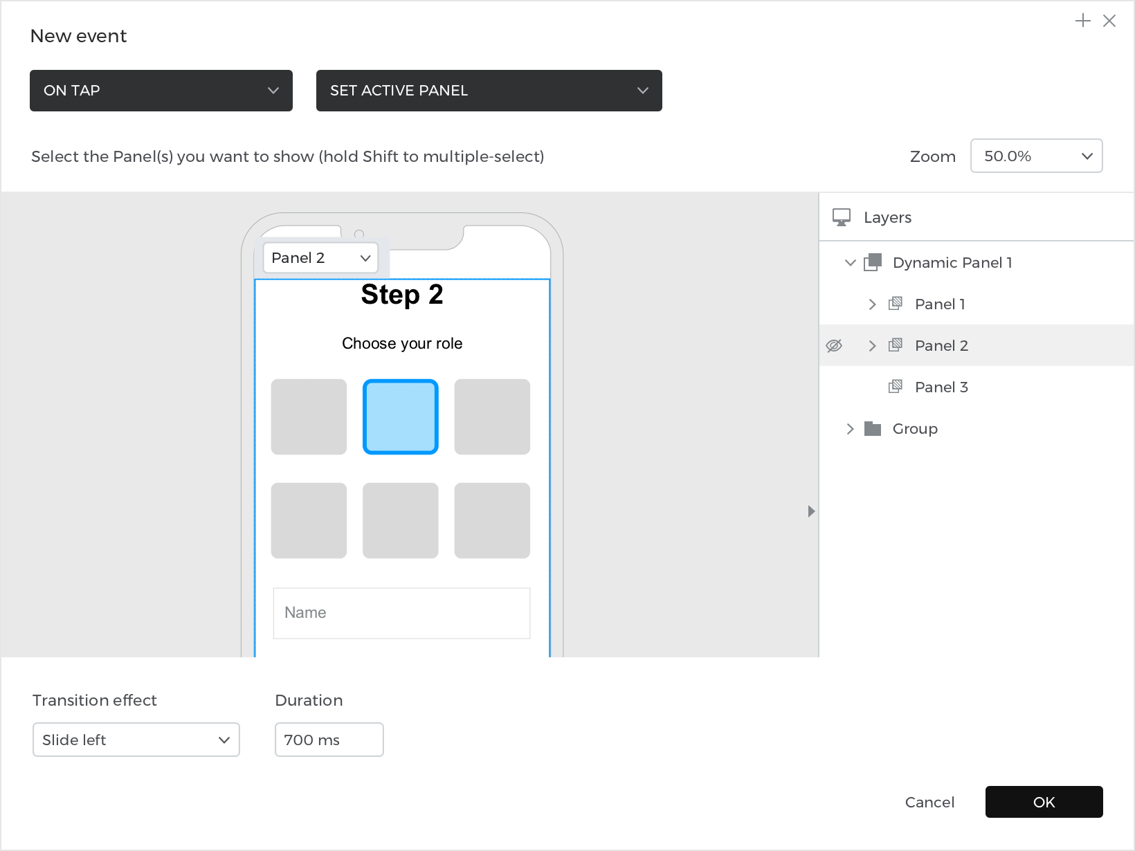 Choose the set active panel action and choose a panel to set as active