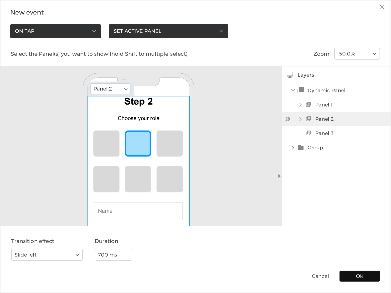 Wählen Sie die Aktion Aktives Panel festlegen und wählen Sie ein Panel, das Sie als aktiv festlegen möchten.